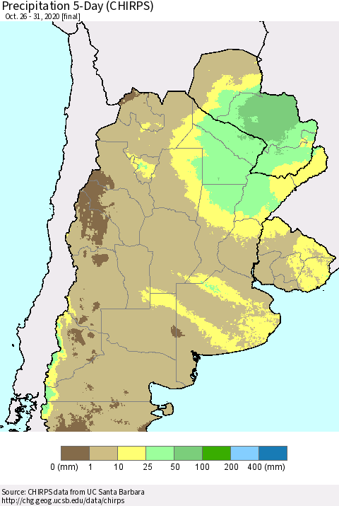 Southern South America Precipitation 5-Day (CHIRPS) Thematic Map For 10/26/2020 - 10/31/2020
