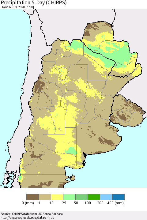 Southern South America Precipitation 5-Day (CHIRPS) Thematic Map For 11/6/2020 - 11/10/2020