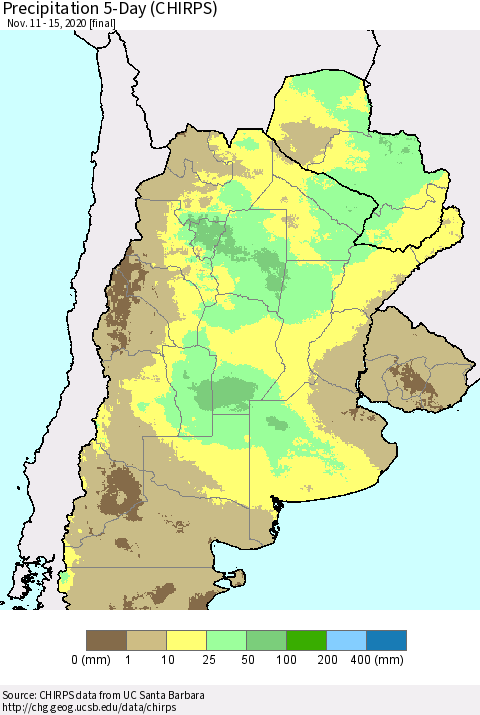Southern South America Precipitation 5-Day (CHIRPS) Thematic Map For 11/11/2020 - 11/15/2020