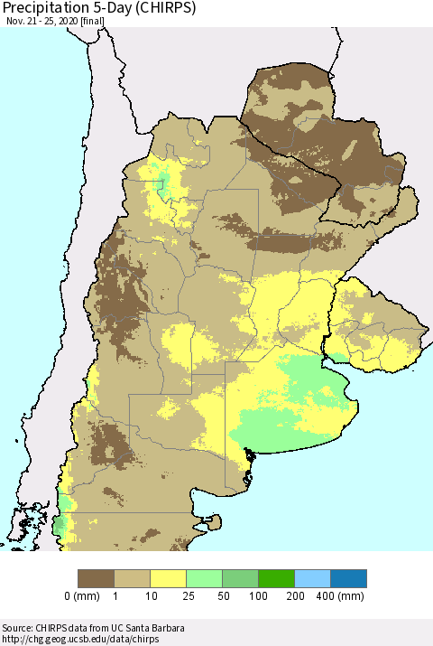 Southern South America Precipitation 5-Day (CHIRPS) Thematic Map For 11/21/2020 - 11/25/2020