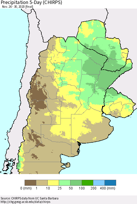 Southern South America Precipitation 5-Day (CHIRPS) Thematic Map For 11/26/2020 - 11/30/2020
