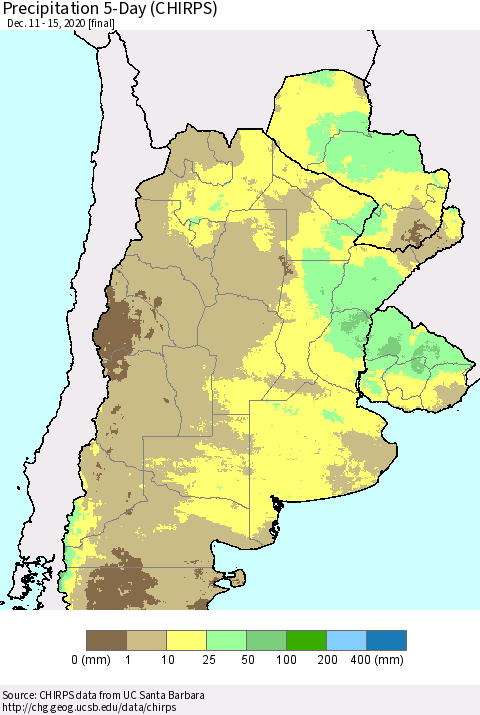 Southern South America Precipitation 5-Day (CHIRPS) Thematic Map For 12/11/2020 - 12/15/2020