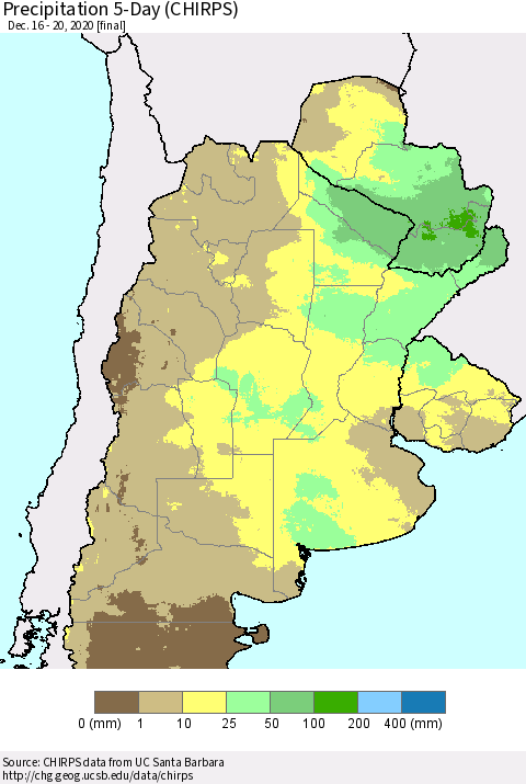 Southern South America Precipitation 5-Day (CHIRPS) Thematic Map For 12/16/2020 - 12/20/2020