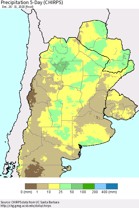 Southern South America Precipitation 5-Day (CHIRPS) Thematic Map For 12/26/2020 - 12/31/2020