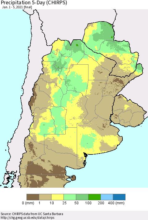 Southern South America Precipitation 5-Day (CHIRPS) Thematic Map For 1/1/2021 - 1/5/2021