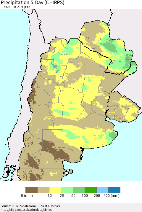 Southern South America Precipitation 5-Day (CHIRPS) Thematic Map For 1/6/2021 - 1/10/2021