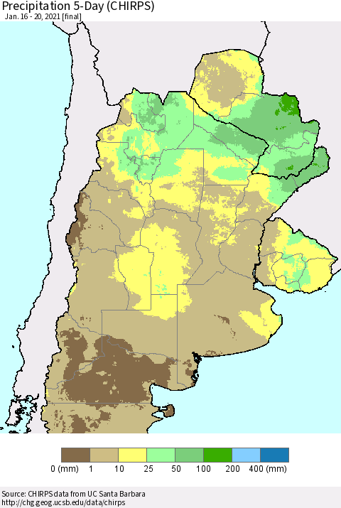 Southern South America Precipitation 5-Day (CHIRPS) Thematic Map For 1/16/2021 - 1/20/2021