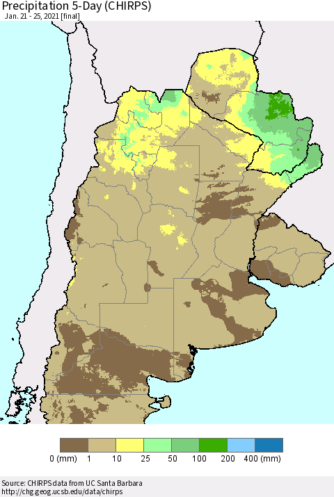 Southern South America Precipitation 5-Day (CHIRPS) Thematic Map For 1/21/2021 - 1/25/2021