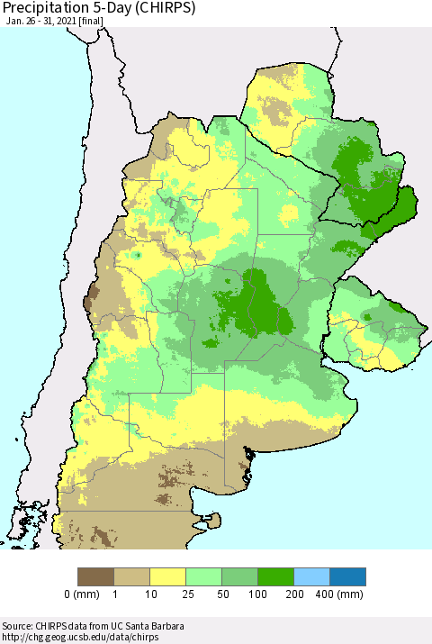 Southern South America Precipitation 5-Day (CHIRPS) Thematic Map For 1/26/2021 - 1/31/2021