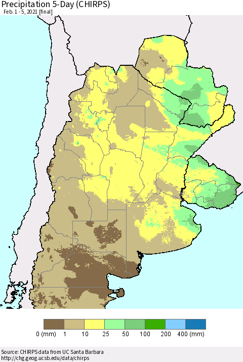 Southern South America Precipitation 5-Day (CHIRPS) Thematic Map For 2/1/2021 - 2/5/2021