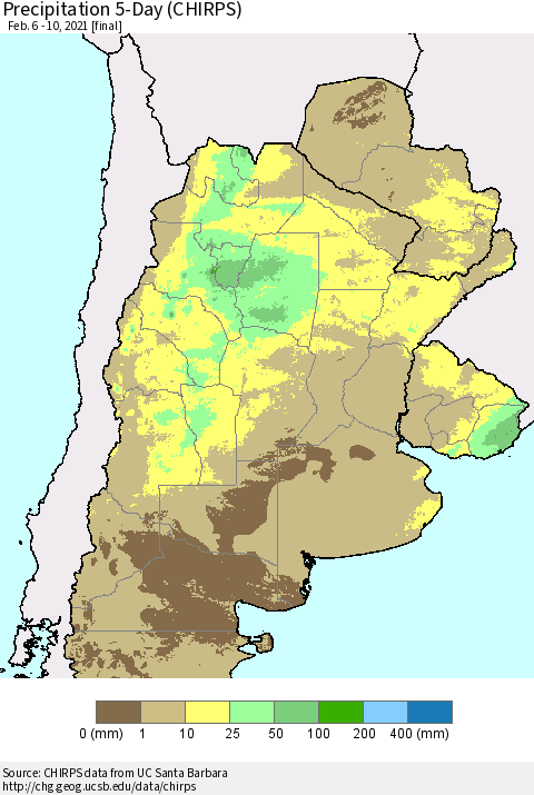 Southern South America Precipitation 5-Day (CHIRPS) Thematic Map For 2/6/2021 - 2/10/2021