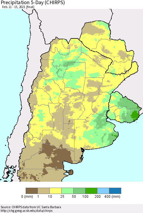 Southern South America Precipitation 5-Day (CHIRPS) Thematic Map For 2/11/2021 - 2/15/2021