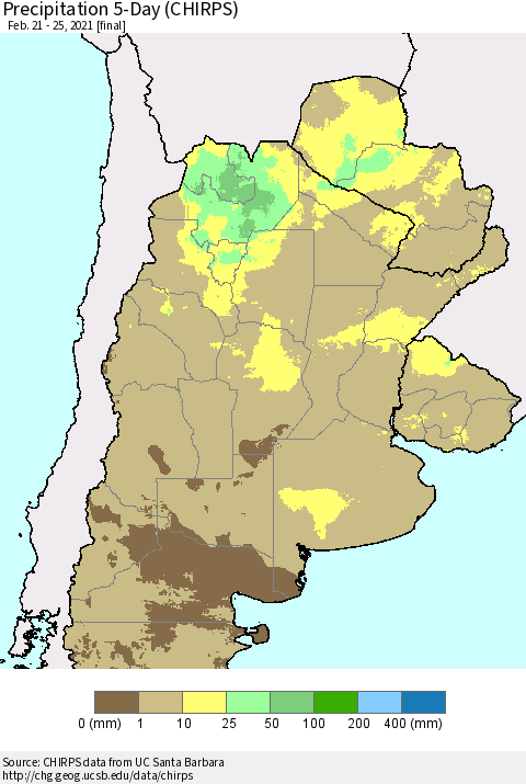 Southern South America Precipitation 5-Day (CHIRPS) Thematic Map For 2/21/2021 - 2/25/2021