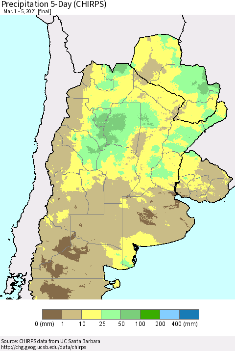 Southern South America Precipitation 5-Day (CHIRPS) Thematic Map For 3/1/2021 - 3/5/2021