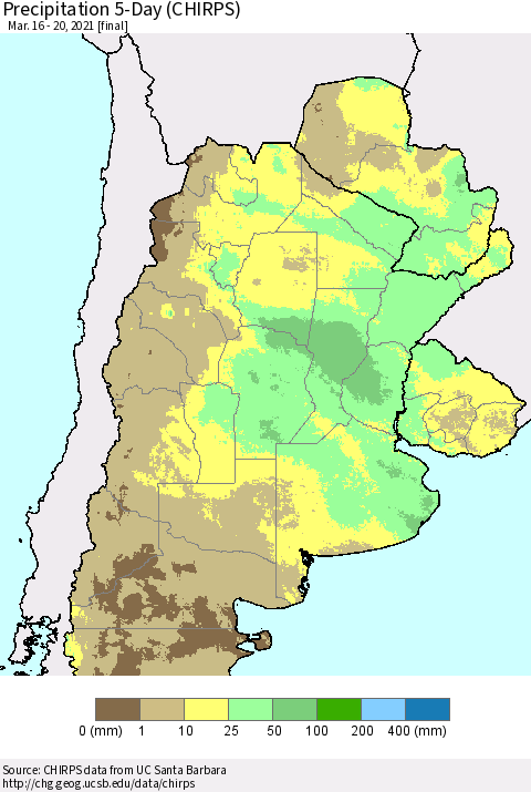 Southern South America Precipitation 5-Day (CHIRPS) Thematic Map For 3/16/2021 - 3/20/2021