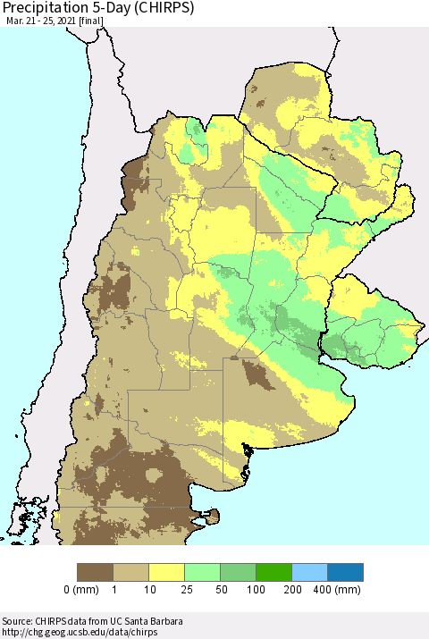 Southern South America Precipitation 5-Day (CHIRPS) Thematic Map For 3/21/2021 - 3/25/2021