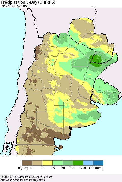 Southern South America Precipitation 5-Day (CHIRPS) Thematic Map For 3/26/2021 - 3/31/2021