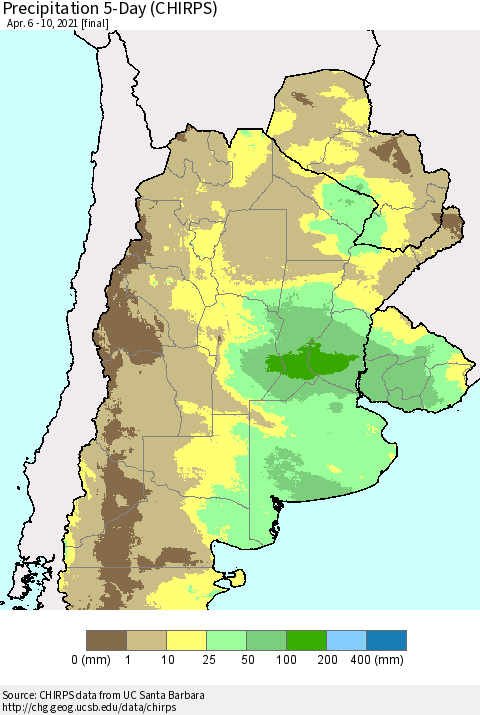 Southern South America Precipitation 5-Day (CHIRPS) Thematic Map For 4/6/2021 - 4/10/2021