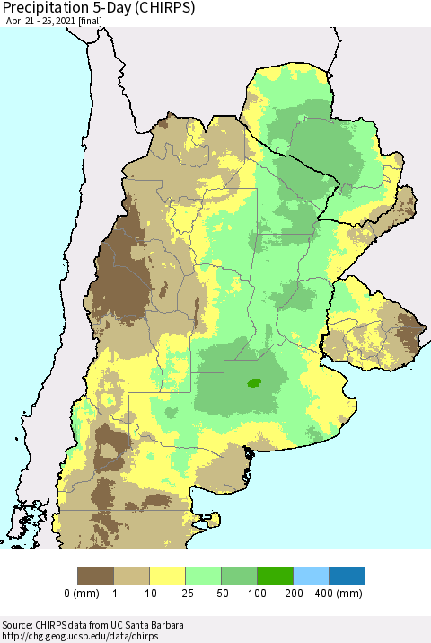 Southern South America Precipitation 5-Day (CHIRPS) Thematic Map For 4/21/2021 - 4/25/2021