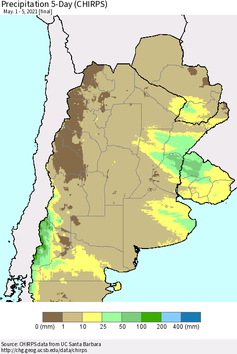Southern South America Precipitation 5-Day (CHIRPS) Thematic Map For 5/1/2021 - 5/5/2021