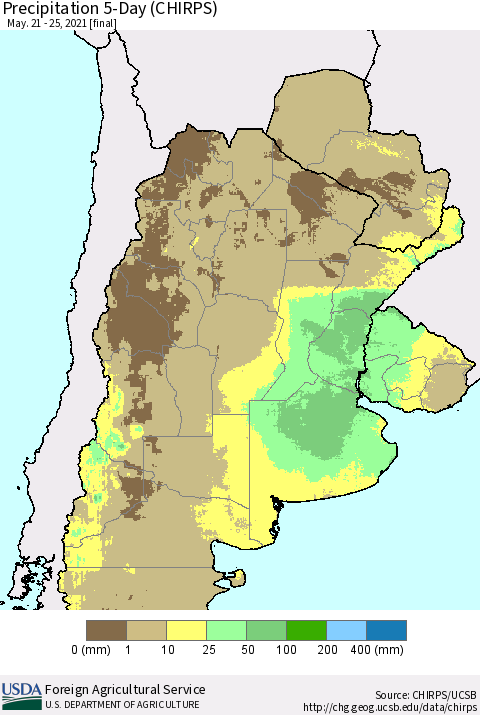 Southern South America Precipitation 5-Day (CHIRPS) Thematic Map For 5/21/2021 - 5/25/2021