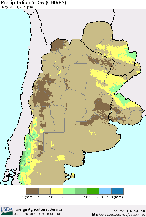 Southern South America Precipitation 5-Day (CHIRPS) Thematic Map For 5/26/2021 - 5/31/2021