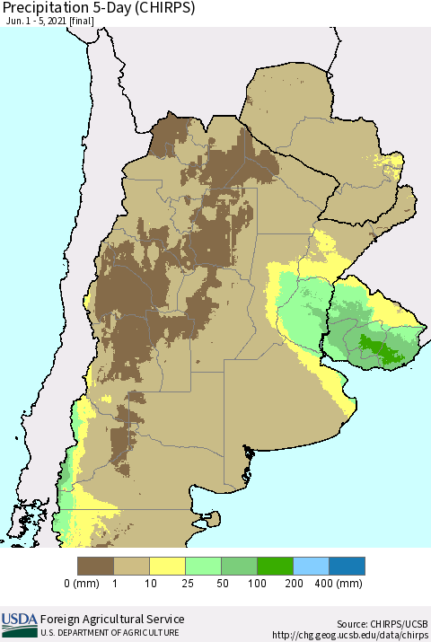 Southern South America Precipitation 5-Day (CHIRPS) Thematic Map For 6/1/2021 - 6/5/2021