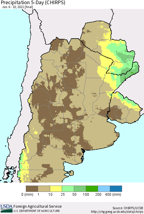 Southern South America Precipitation 5-Day (CHIRPS) Thematic Map For 6/6/2021 - 6/10/2021