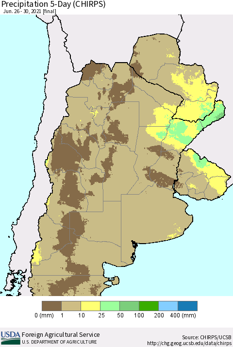 Southern South America Precipitation 5-Day (CHIRPS) Thematic Map For 6/26/2021 - 6/30/2021