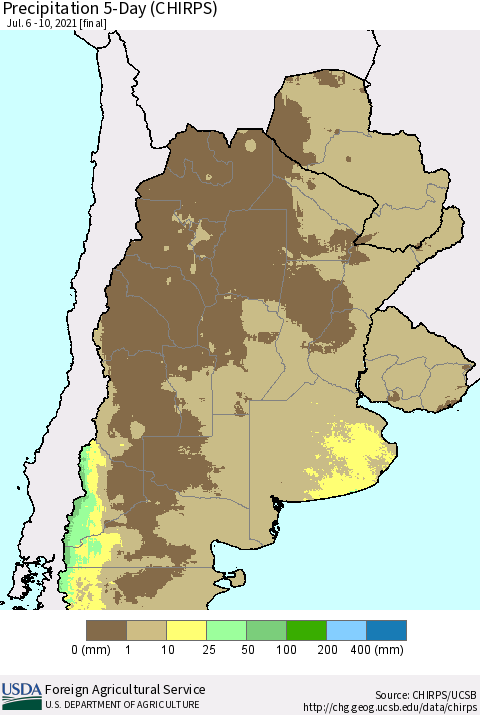 Southern South America Precipitation 5-Day (CHIRPS) Thematic Map For 7/6/2021 - 7/10/2021