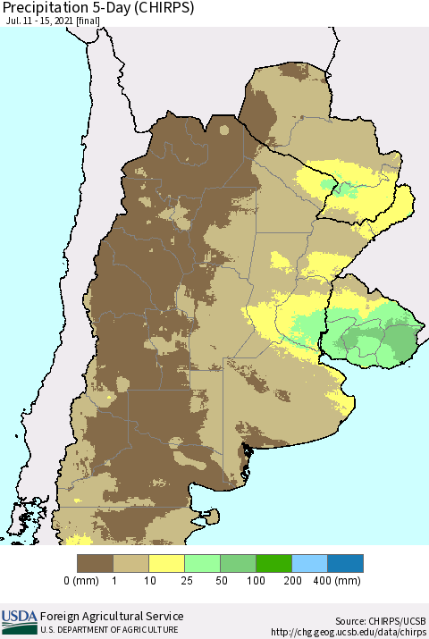 Southern South America Precipitation 5-Day (CHIRPS) Thematic Map For 7/11/2021 - 7/15/2021