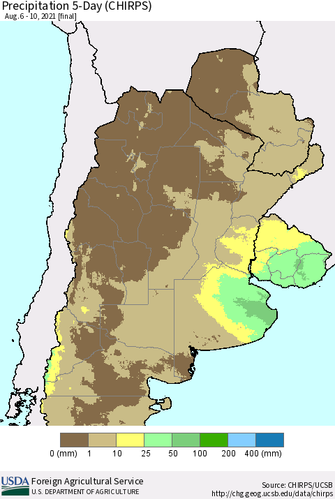 Southern South America Precipitation 5-Day (CHIRPS) Thematic Map For 8/6/2021 - 8/10/2021