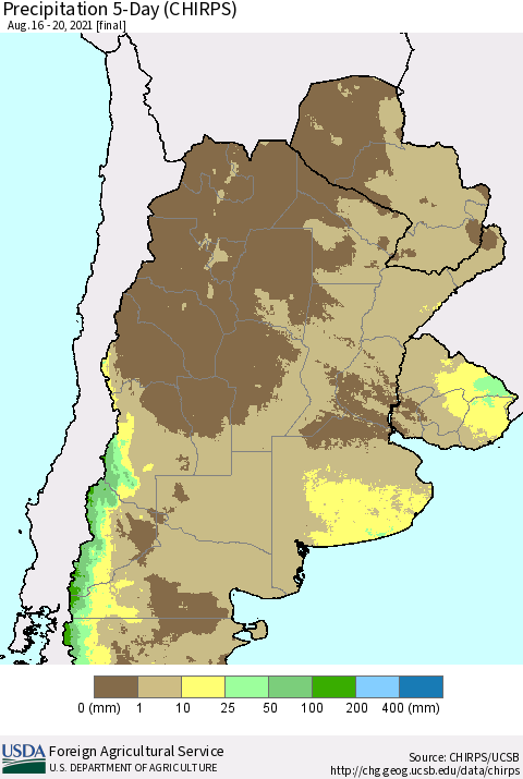 Southern South America Precipitation 5-Day (CHIRPS) Thematic Map For 8/16/2021 - 8/20/2021