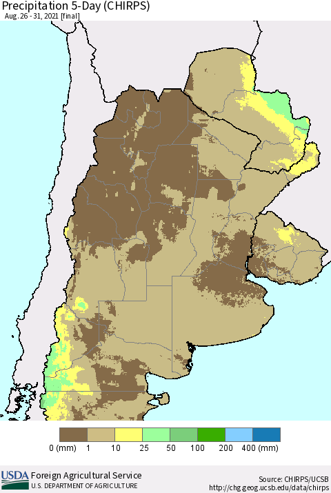 Southern South America Precipitation 5-Day (CHIRPS) Thematic Map For 8/26/2021 - 8/31/2021