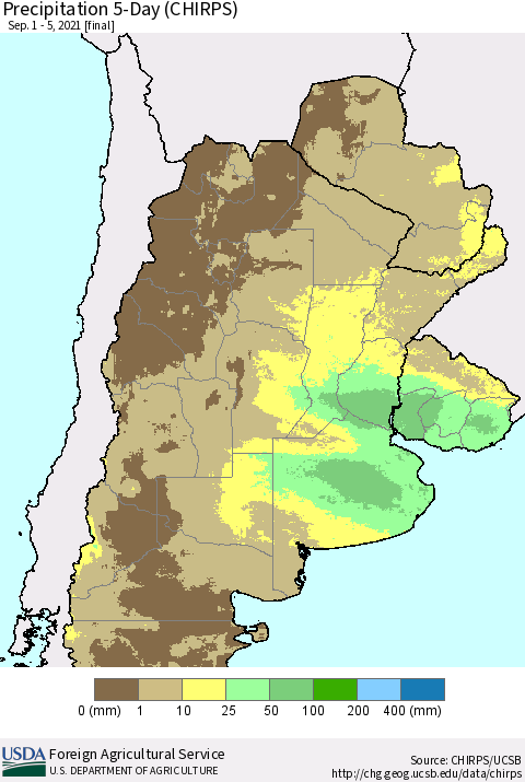 Southern South America Precipitation 5-Day (CHIRPS) Thematic Map For 9/1/2021 - 9/5/2021