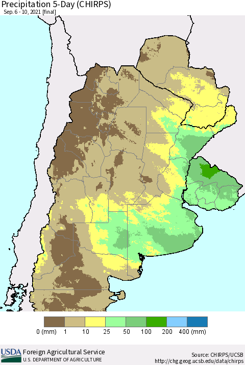 Southern South America Precipitation 5-Day (CHIRPS) Thematic Map For 9/6/2021 - 9/10/2021