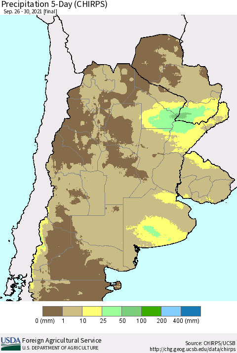 Southern South America Precipitation 5-Day (CHIRPS) Thematic Map For 9/26/2021 - 9/30/2021