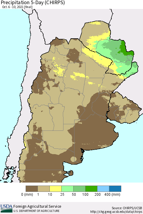 Southern South America Precipitation 5-Day (CHIRPS) Thematic Map For 10/6/2021 - 10/10/2021