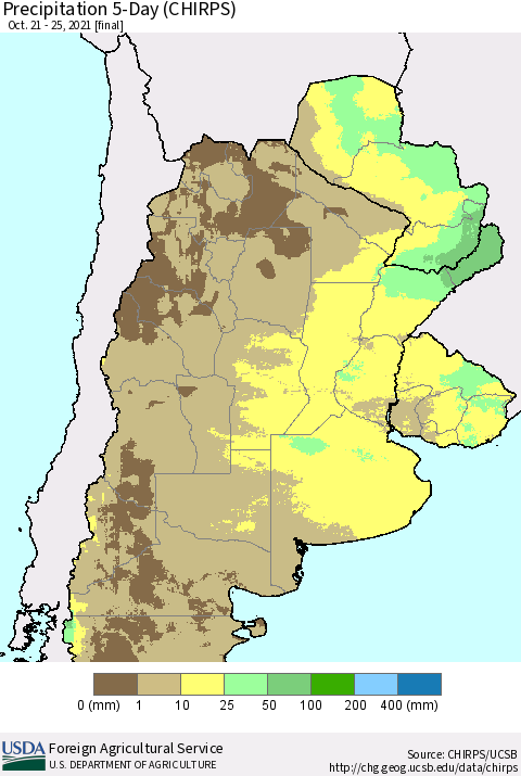 Southern South America Precipitation 5-Day (CHIRPS) Thematic Map For 10/21/2021 - 10/25/2021