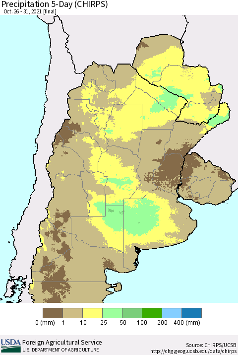 Southern South America Precipitation 5-Day (CHIRPS) Thematic Map For 10/26/2021 - 10/31/2021