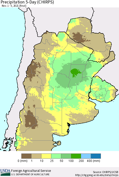 Southern South America Precipitation 5-Day (CHIRPS) Thematic Map For 11/1/2021 - 11/5/2021