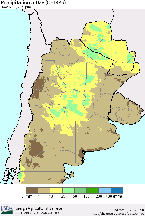 Southern South America Precipitation 5-Day (CHIRPS) Thematic Map For 11/6/2021 - 11/10/2021