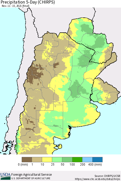Southern South America Precipitation 5-Day (CHIRPS) Thematic Map For 11/11/2021 - 11/15/2021