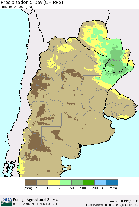 Southern South America Precipitation 5-Day (CHIRPS) Thematic Map For 11/16/2021 - 11/20/2021