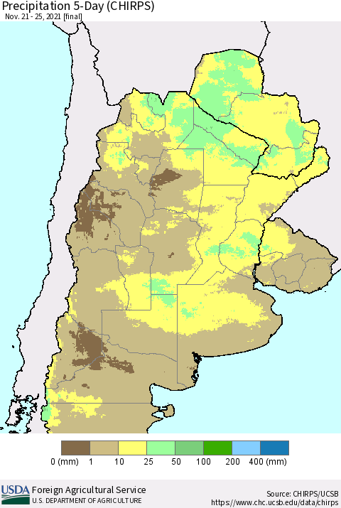 Southern South America Precipitation 5-Day (CHIRPS) Thematic Map For 11/21/2021 - 11/25/2021