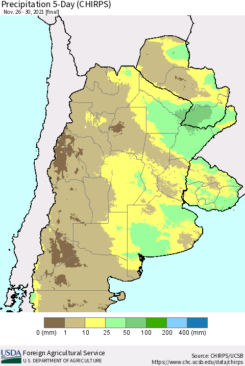 Southern South America Precipitation 5-Day (CHIRPS) Thematic Map For 11/26/2021 - 11/30/2021