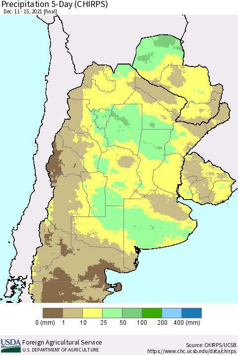 Southern South America Precipitation 5-Day (CHIRPS) Thematic Map For 12/11/2021 - 12/15/2021