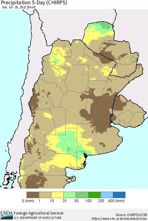Southern South America Precipitation 5-Day (CHIRPS) Thematic Map For 12/16/2021 - 12/20/2021