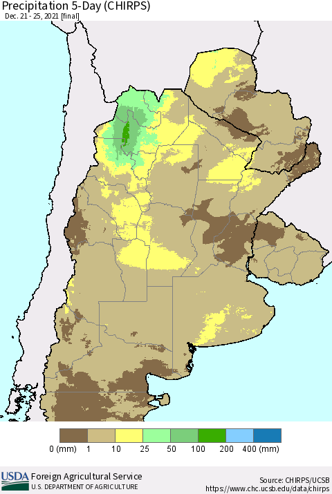 Southern South America Precipitation 5-Day (CHIRPS) Thematic Map For 12/21/2021 - 12/25/2021