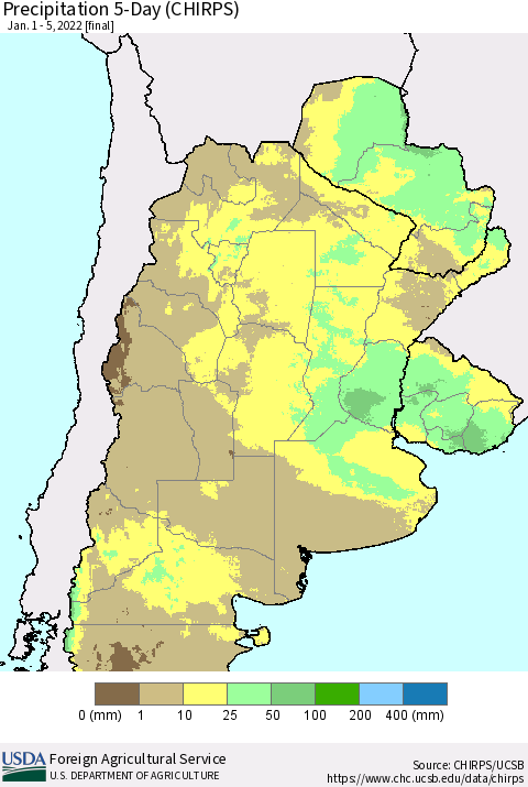 Southern South America Precipitation 5-Day (CHIRPS) Thematic Map For 1/1/2022 - 1/5/2022
